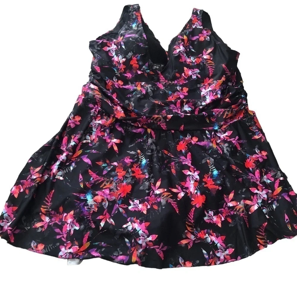 Torrid Floral Swimdress 6X/30 Black Coral Violet Halter Top Inner Bra Skirted